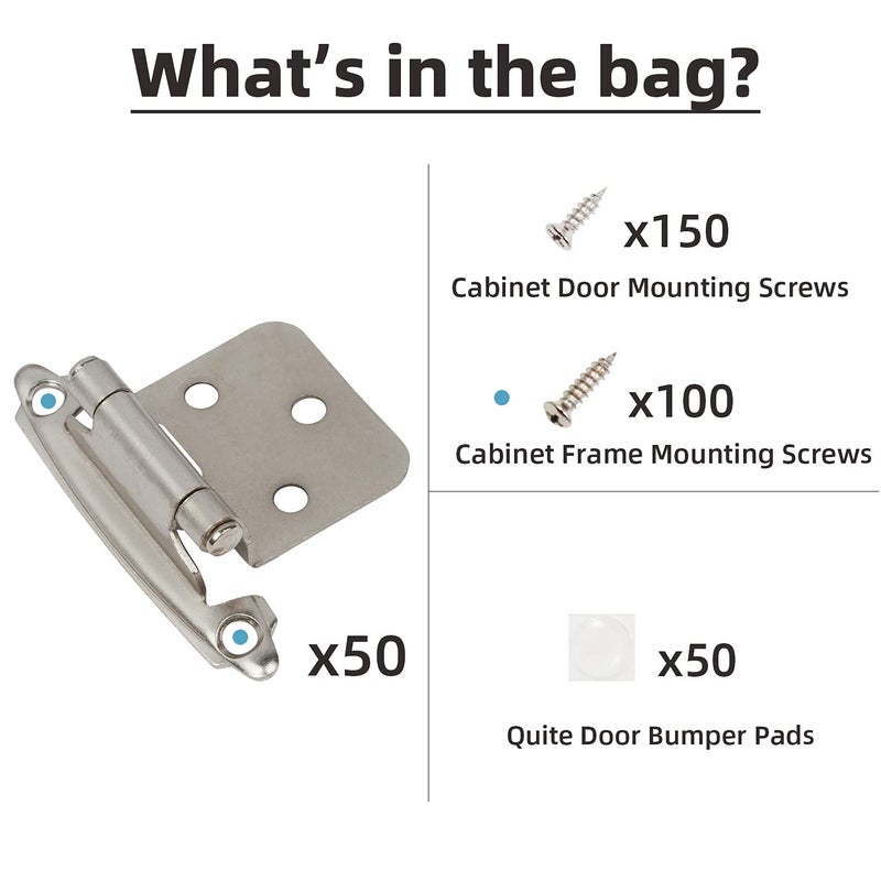 DecoBasics Cabinet Hinges Brushed Nickel for Kitchen Cabinets Doors (25 Pair -50 Pcs) -1/2" Overlay (Variable) -Self Closing Kitchen Cabinet Hinges Flush Mount w/Silicon Bumpers & Hardware Screws - Image 4